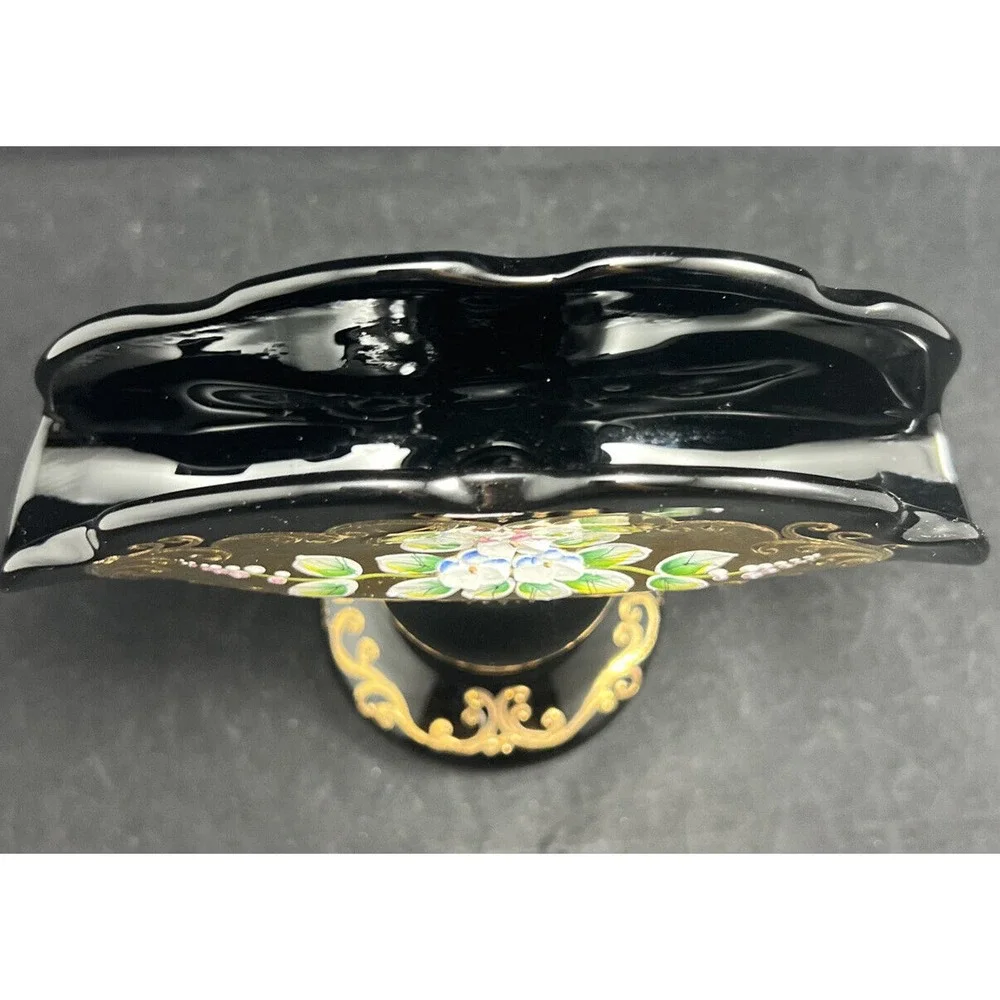 Czech Bohemian Egermann 24K Gold Enamel Black Art Glass Napkin Holder